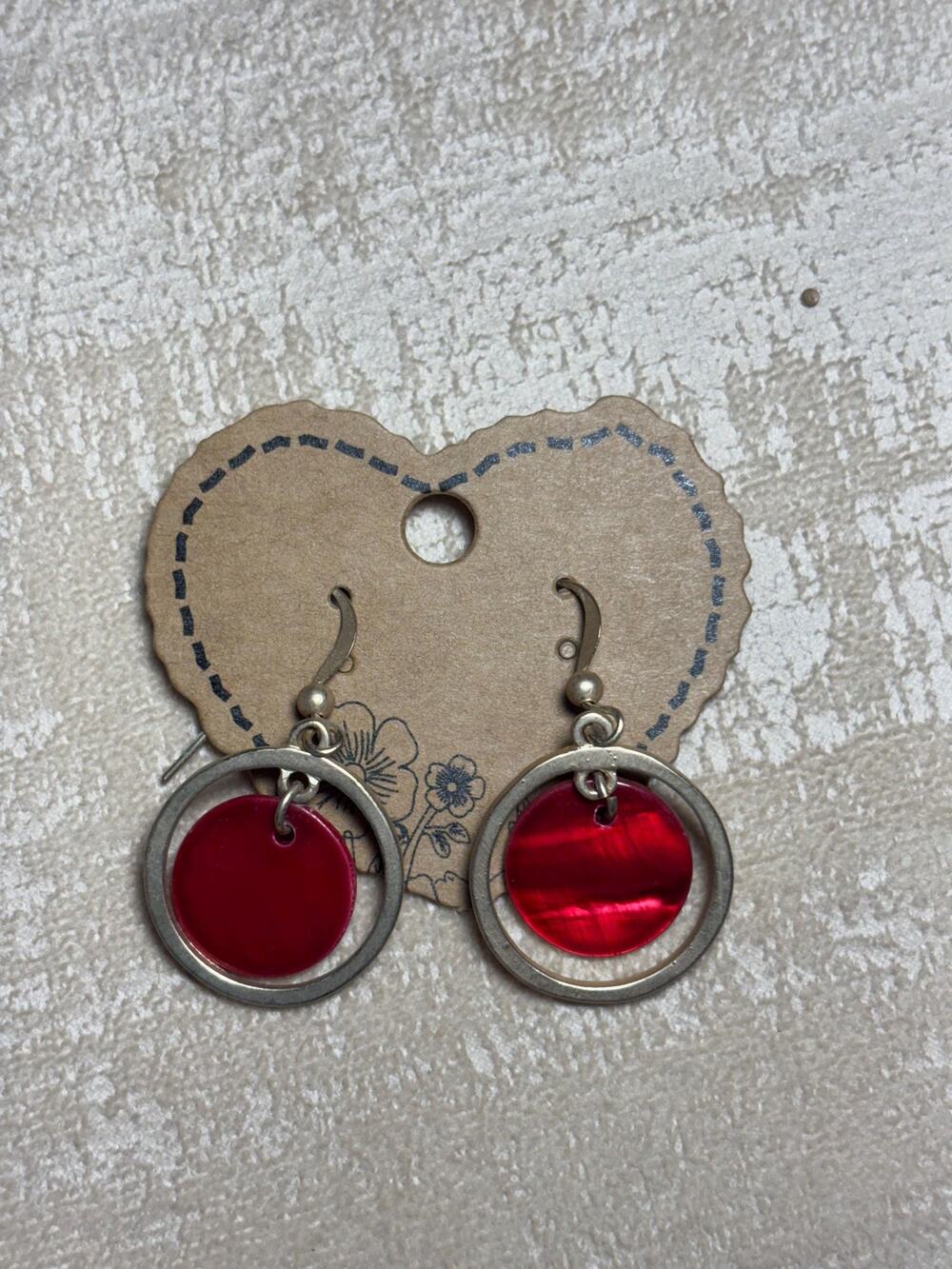 Red Lucite Disc Drop Earrings Silver Tone Circular Dangle Earrings